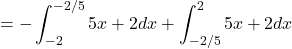 = -\displaystyle \int_{-2}^{-2/5} 5x + 2 dx + \int_{-2/5}^2 5x + 2 dx