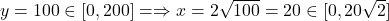 y = 100 \in [0, 200] = \Rightarrow x = 2\sqrt{100} = 20\in [0, 20\sqrt{2}]