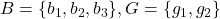 B=\{ b_1, b_2, b_3\}, G =  \{g_1, g_2\}