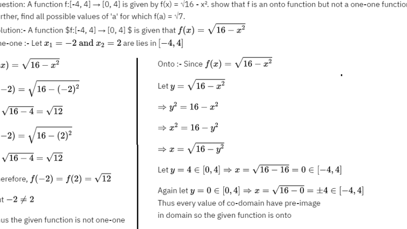 A function f:[-4,4] → [0,4] is given by f(x) = √16 – x²